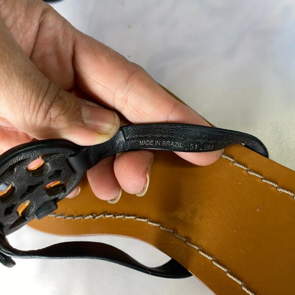 Tory Burch Mini Miller Black Leather Logo Thong Sandals 9 - Picture 2 of 3